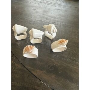 Vintage  Ceramic Seashell Napkin Rings Set of 5 White Coastal Nautical Decor GUC